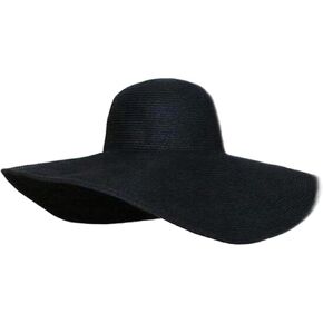 1Pcs Women Wide Brim Straw Hat Foldable Beach Floppy Sun Hat Black