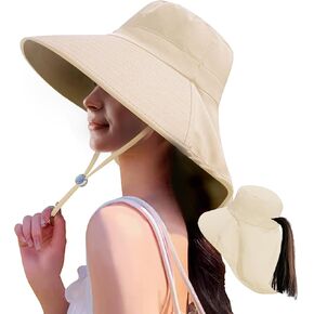 Sun Hats for Women with Flap Ponytail Hole, Fishing Hats Rollable UV Protection Plus Wide Brim for Beach Outdoor UPF 50+