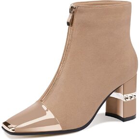 XINIUNIU Women's Ankle Boots Block Chunky Heels Booties Metal Square Toe Suede Front Zipper 3 Inch Short Boot Dress