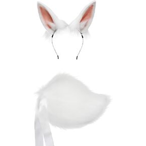 QinRuan Women's Bunny Ears Headwear Faux Fur Rabbit Ears Headbands and Tail Cosplay Party Coustume Set