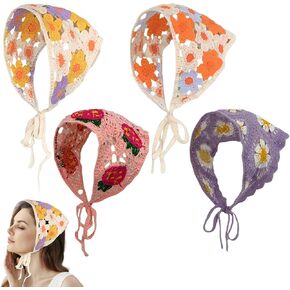 Crochet Bandana 4 Pcs Crochet Head Scarf, Floral Bandana, Knitted Strawberry Head Scarf for Women Suitable for Travel, Party, Beach, Camping
