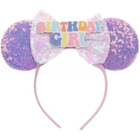 Qckarobe Birthday Mouse Ears Headband, Sequin Birthday Mouse Ears Headbands for Women Girls Adults Shiny Bow Mouse Ears Hairband Party Decorations