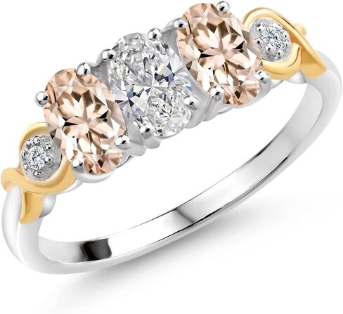 925 Silver and 10K Yellow Gold White Lab Grown Diamond and Gemstone Birthstone 3-Stone Engagement Ring for Women | Oval 6X4MM & Round 1.3MM | Two-Tone Wedding Anniversary Promise Ring | Sizes 5-9 in Kuwait