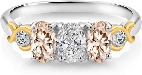 925 Silver and 10K Yellow Gold White Lab Grown Diamond and Gemstone Birthstone 3-Stone Engagement Ring for Women | Oval 6X4MM & Round 1.3MM | Two-Tone Wedding Anniversary Promise Ring | Sizes 5-9 in Kuwait