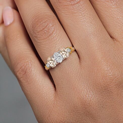 925 Silver and 10K Yellow Gold White Lab Grown Diamond and Gemstone Birthstone 3-Stone Engagement Ring for Women | Oval 6X4MM & Round 1.3MM | Two-Tone Wedding Anniversary Promise Ring | Sizes 5-9 in Kuwait