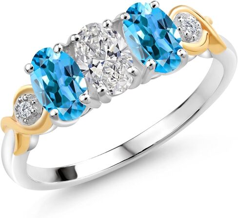 925 Silver and 10K Yellow Gold White Lab Grown Diamond and Gemstone Birthstone 3-Stone Engagement Ring for Women | Oval 6X4MM & Round 1.3MM | Two-Tone Wedding Anniversary Promise Ring | Sizes 5-9 in Kuwait