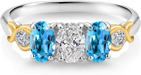 925 Silver and 10K Yellow Gold White Lab Grown Diamond and Gemstone Birthstone 3-Stone Engagement Ring for Women | Oval 6X4MM & Round 1.3MM | Two-Tone Wedding Anniversary Promise Ring | Sizes 5-9 in Kuwait