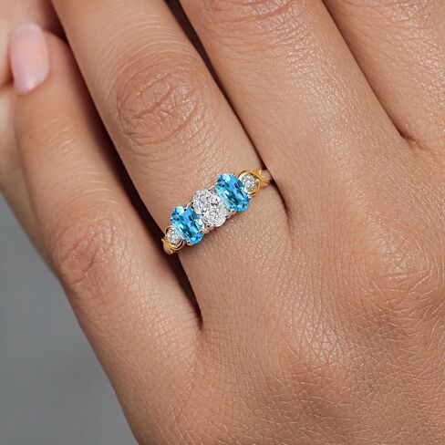 925 Silver and 10K Yellow Gold White Lab Grown Diamond and Gemstone Birthstone 3-Stone Engagement Ring for Women | Oval 6X4MM & Round 1.3MM | Two-Tone Wedding Anniversary Promise Ring | Sizes 5-9 in Kuwait