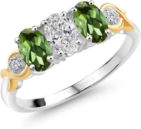 925 Silver and 10K Yellow Gold White Lab Grown Diamond and Gemstone Birthstone 3-Stone Engagement Ring for Women | Oval 6X4MM & Round 1.3MM | Two-Tone Wedding Anniversary Promise Ring | Sizes 5-9 in Kuwait