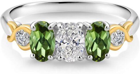 925 Silver and 10K Yellow Gold White Lab Grown Diamond and Gemstone Birthstone 3-Stone Engagement Ring for Women | Oval 6X4MM & Round 1.3MM | Two-Tone Wedding Anniversary Promise Ring | Sizes 5-9 in Kuwait