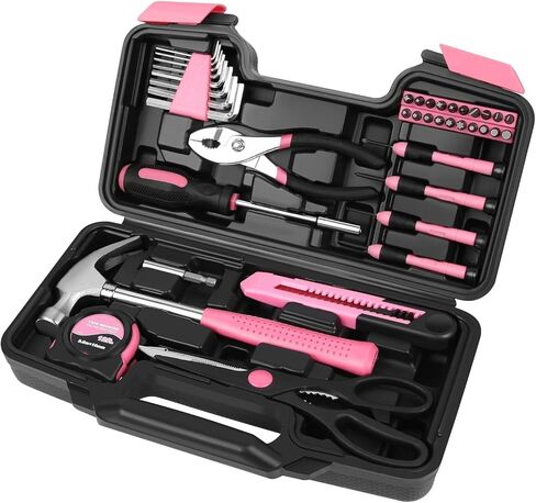 Flexzion 39 Piece Hand Tool Kits with Case - Compact Tool Kit for Handyman, Homeowners DIY - Household Tool Kit for Home with Portable Basic Tool Set Case, Pink in Kuwait