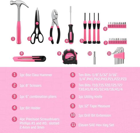 Flexzion 39 Piece Hand Tool Kits with Case - Compact Tool Kit for Handyman, Homeowners DIY - Household Tool Kit for Home with Portable Basic Tool Set Case, Pink in Kuwait