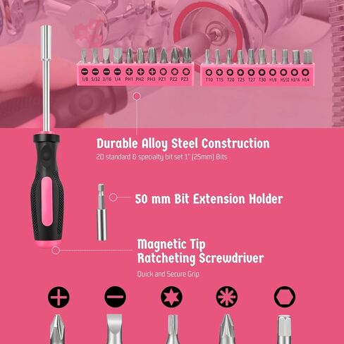 Flexzion 39 Piece Hand Tool Kits with Case - Compact Tool Kit for Handyman, Homeowners DIY - Household Tool Kit for Home with Portable Basic Tool Set Case, Pink in Kuwait