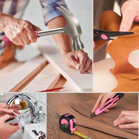 Flexzion 39 Piece Hand Tool Kits with Case - Compact Tool Kit for Handyman, Homeowners DIY - Household Tool Kit for Home with Portable Basic Tool Set Case, Pink in Kuwait