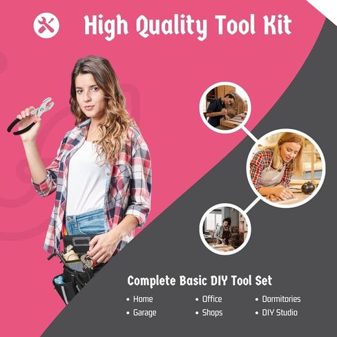 Flexzion 39 Piece Hand Tool Kits with Case - Compact Tool Kit for Handyman, Homeowners DIY - Household Tool Kit for Home with Portable Basic Tool Set Case, Pink in Kuwait