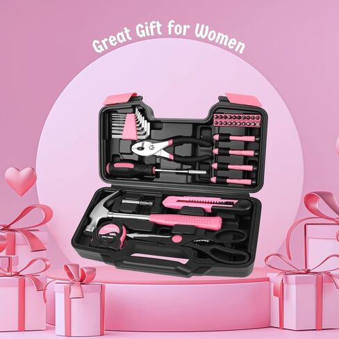 Flexzion 39 Piece Hand Tool Kits with Case - Compact Tool Kit for Handyman, Homeowners DIY - Household Tool Kit for Home with Portable Basic Tool Set Case, Pink in Kuwait