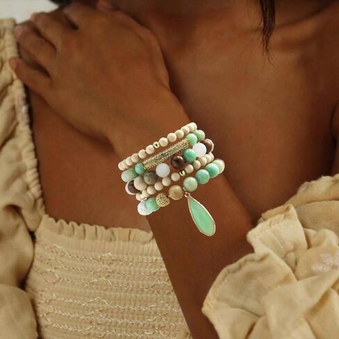 Boho Beaded Bracelets/Bangle for Women,Multilayer 5/6/7PCS Healing Natural Handmade Stone Bead Bracelets Stackable Stretch Friendship Beaded Bracelet Set Trendy Western Bohemian Jewelry Gift in Saudi Arabia