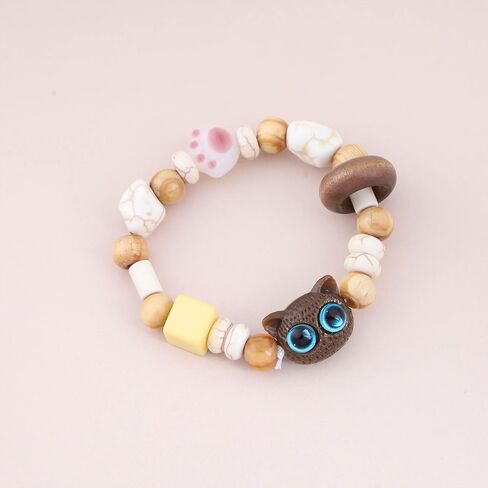 Vintage Cartoon Cat Bracelet - Black Cat Chain with Glass & Acrylic Beads, Stretch Bracelet for Women in Saudi Arabia