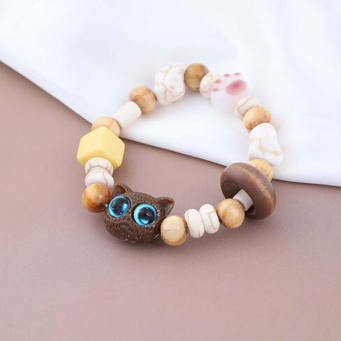 Vintage Cartoon Cat Bracelet - Black Cat Chain with Glass & Acrylic Beads, Stretch Bracelet for Women in Saudi Arabia