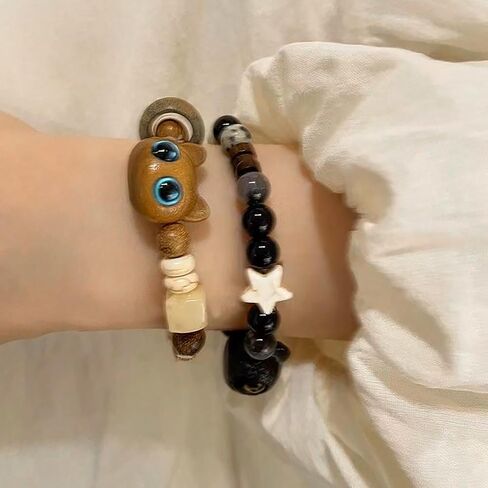 Vintage Cartoon Cat Bracelet - Black Cat Chain with Glass & Acrylic Beads, Stretch Bracelet for Women in Saudi Arabia