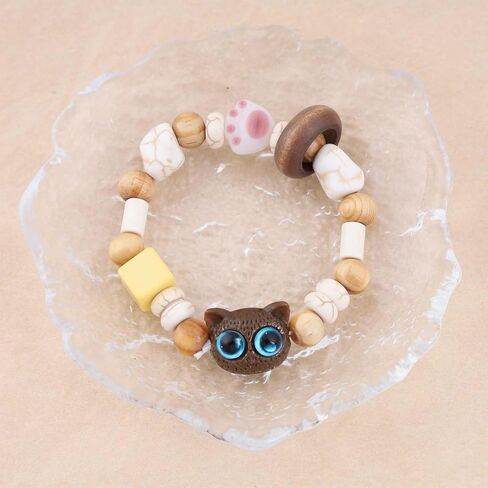 Vintage Cartoon Cat Bracelet - Black Cat Chain with Glass & Acrylic Beads, Stretch Bracelet for Women in Saudi Arabia