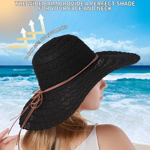 Beach Hats for Women Lace Wide Brim Sun Hat Roll up Floppy Hat UPF 50+ UV Protection Foldable Summer Hats in Saudi Arabia