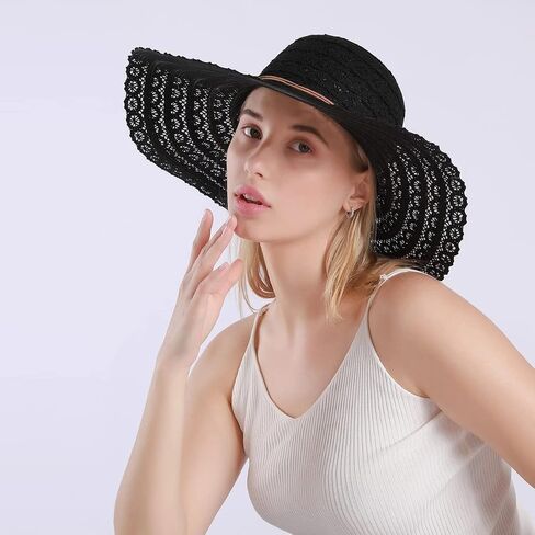 Beach Hats for Women Lace Wide Brim Sun Hat Roll up Floppy Hat UPF 50+ UV Protection Foldable Summer Hats in Saudi Arabia