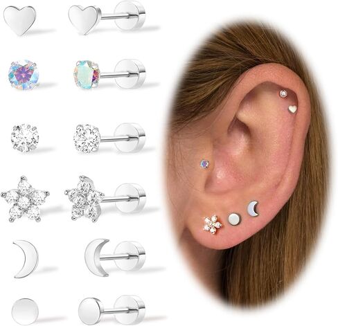 Titanium Flat Back Earrings,6 Pairs Screw Back Earring for Women Hypoallergenic Earrings 14K Gold&Silver Helix Earring Cartilage Conch Tragus Piercing Jewelry CZ Earring in Saudi Arabia