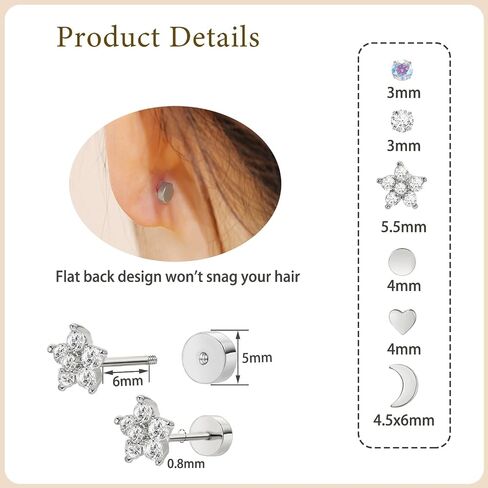 Titanium Flat Back Earrings,6 Pairs Screw Back Earring for Women Hypoallergenic Earrings 14K Gold&Silver Helix Earring Cartilage Conch Tragus Piercing Jewelry CZ Earring in Saudi Arabia