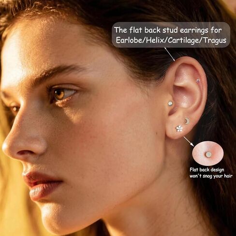 Titanium Flat Back Earrings,6 Pairs Screw Back Earring for Women Hypoallergenic Earrings 14K Gold&Silver Helix Earring Cartilage Conch Tragus Piercing Jewelry CZ Earring in Saudi Arabia