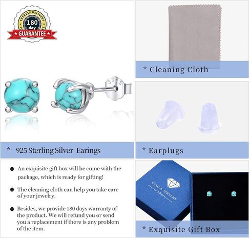 Turquoise Studs Earrings, 925 Sterling Silver 4mm/6mm Round Shape Tiny Studs, Turquoise Jewelry Present for Women Girlfriend in Kuwait