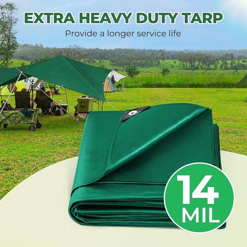 HIRALIY 14 Mil Tarp Waterproof 10x12 Feet, Extra Thick Heavy Duty Tarp with Reinforced Grommets for Firewood, Roof, Camping, Patio, Pool, Boat, Dump Trailer in Saudi Arabia