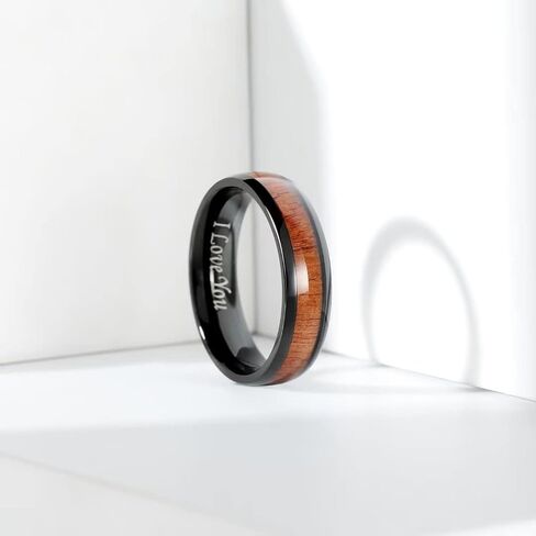 King Will Nature 4mm/6mm Domed Koa Wood Stainless Steel Ring Wedding Band Turquoise Granules Inlay High Polished Domed Black/Silver/Rose Gold Plated for Men Women in Saudi Arabia