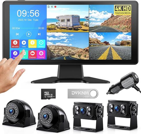4K RV Backup Camera System 10.1" Quad Split Touchscreen Monitor 4 1080P HD Rear Side View Cameras DVR Recording Bluetooth Music USB Video Play IP69 Waterproof Night Vision for RV Truck Trailer in Saudi Arabia