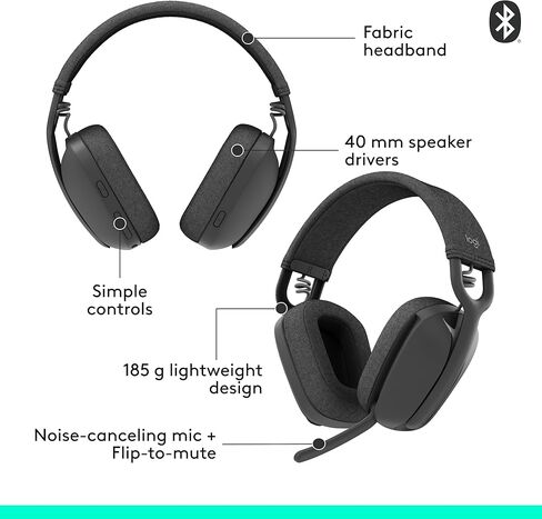 Logitech Zone Vibe 100 Lightweight Wireless Over Ear Headphones with Noise Canceling Microphone, Advanced Multipoint Bluetooth Headset, Works with Teams, Google Meet, Zoom, Mac/PC - Rose in Saudi Arabia