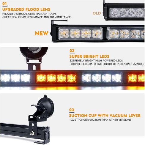 Xprite 27" White Amber LED Emergency Traffic Advisor Strobe Warning Light Bar w/21 Flashing Patterns Cigarette Lighter, for Vehicles Trucks SUV ATV Suction Cup Mounting in Kuwait