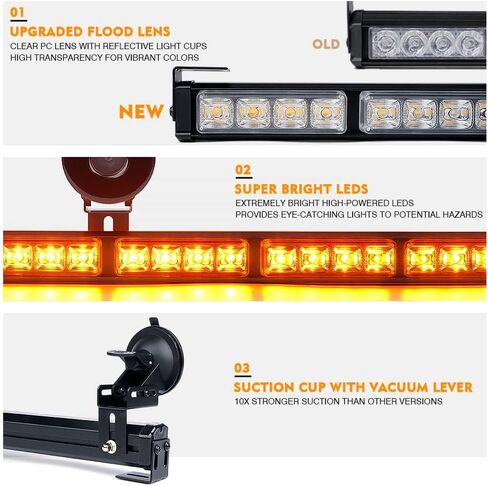 Xprite 27" White Amber LED Emergency Traffic Advisor Strobe Warning Light Bar w/21 Flashing Patterns Cigarette Lighter, for Vehicles Trucks SUV ATV Suction Cup Mounting in Kuwait