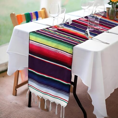 2 Pack Mexican Table Runner 14 x 108 Inches Serape Blanket Colorful Fringe Table Cloths Decor for Mexican Tribal Cinco de Mayo Fiesta Pool Party Outdoor Picnics Dining Wedding in Kuwait