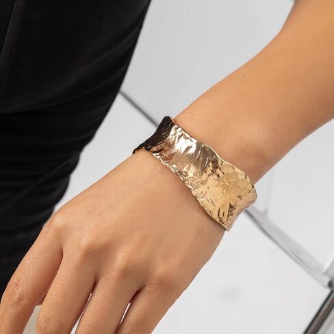 Wide Cuff Bracelet for Women Chunky Thick Hammered Concave Open Edge Arm Wrist Wrap Irregular Adjustable Shiny in Saudi Arabia