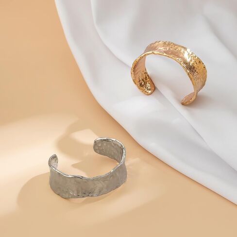 Wide Cuff Bracelet for Women Chunky Thick Hammered Concave Open Edge Arm Wrist Wrap Irregular Adjustable Shiny in Saudi Arabia