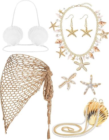 7 Pcs Mermaid Costume for Women Shell Necklace Earrings Purse Starfish Hair Clip Mermaid Crochet Skirt Shell Bra Summer Beach Accessories in Saudi Arabia