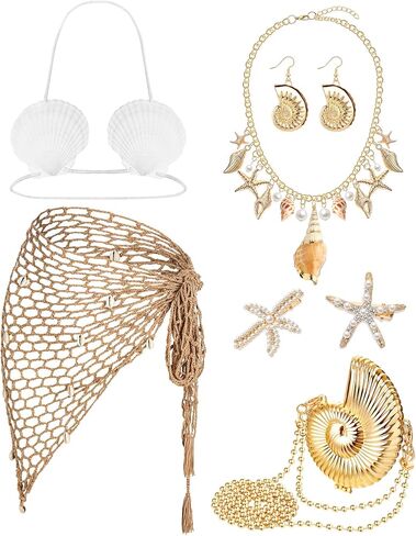 7 Pcs Mermaid Costume for Women Shell Necklace Earrings Purse Starfish Hair Clip Mermaid Crochet Skirt Shell Bra Summer Beach Accessories in Saudi Arabia