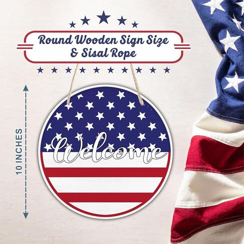 لافتة خشبية معلقة بتاريخ 4 يوليو مع حبل السيزال - لافتة باب مستديرة مقاس 10 بوصات، لوحة خشبية للديكور الوطني، أحذية الحرية والعلم، ديكور جدار الشرفة الأمامي للمنزل والمكتب وإكسسواراتها - D04 in Kuwait