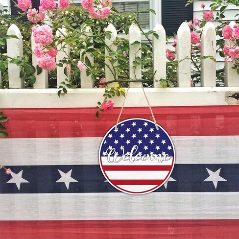 لافتة خشبية معلقة بتاريخ 4 يوليو مع حبل السيزال - لافتة باب مستديرة مقاس 10 بوصات، لوحة خشبية للديكور الوطني، أحذية الحرية والعلم، ديكور جدار الشرفة الأمامي للمنزل والمكتب وإكسسواراتها - D04 in Kuwait