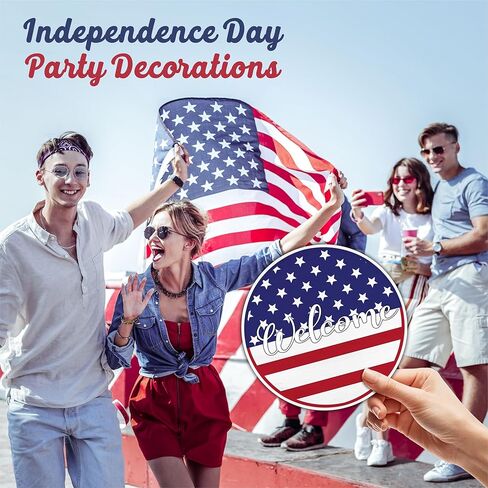 لافتة خشبية معلقة بتاريخ 4 يوليو مع حبل السيزال - لافتة باب مستديرة مقاس 10 بوصات، لوحة خشبية للديكور الوطني، أحذية الحرية والعلم، ديكور جدار الشرفة الأمامي للمنزل والمكتب وإكسسواراتها - D04 in Kuwait