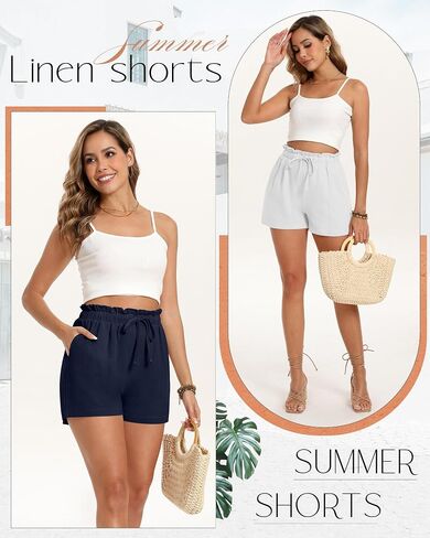 Neer 3 Pack Women's Linen Cotton Shorts with Pockets Drawstring High Elastic Waisted Wide Leg Loose Casual Summer Shorts in Saudi Arabia