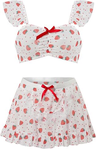 Women's Lingerie 3 Piece Set Ruffle Sleeve Cute Print Bow Bra and Panty with Mini Skirt in Saudi Arabia
