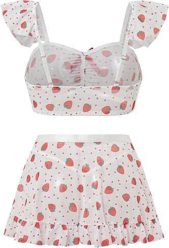 Women's Lingerie 3 Piece Set Ruffle Sleeve Cute Print Bow Bra and Panty with Mini Skirt in Saudi Arabia