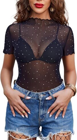 Avidlove Women Mesh Tops Short Sleeve Rhinestone Shirts Sheer Blouse Sexy Going Out Tops Sparkly Party Tops Summer in Saudi Arabia