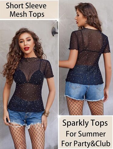 Avidlove Women Mesh Tops Short Sleeve Rhinestone Shirts Sheer Blouse Sexy Going Out Tops Sparkly Party Tops Summer in Saudi Arabia